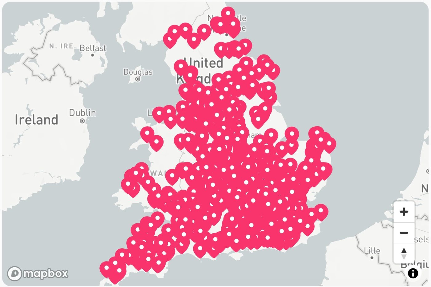 Map of England and Wales covered in hundreds of pink markers — every planning application Arkiplan has submitted.