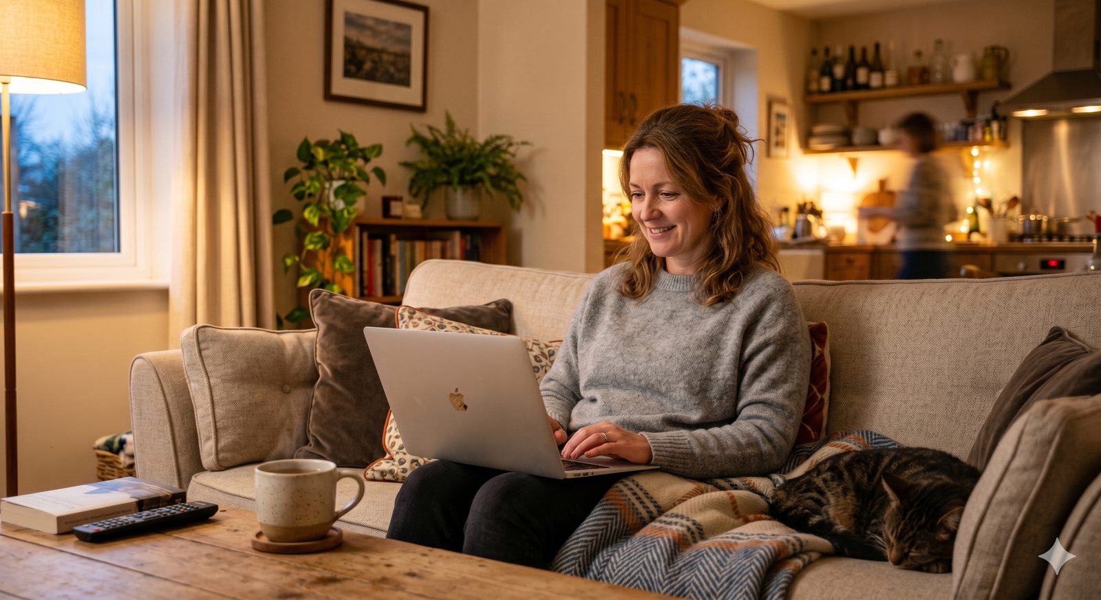 Homeowner on a sofa with a laptop, cat curled up beside her, warm evening light from a kitchen behind.