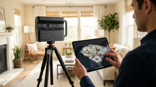 Technician operating a Matterport Pro2 scanner on a tripod in a living room, viewing the live scan on a tablet.