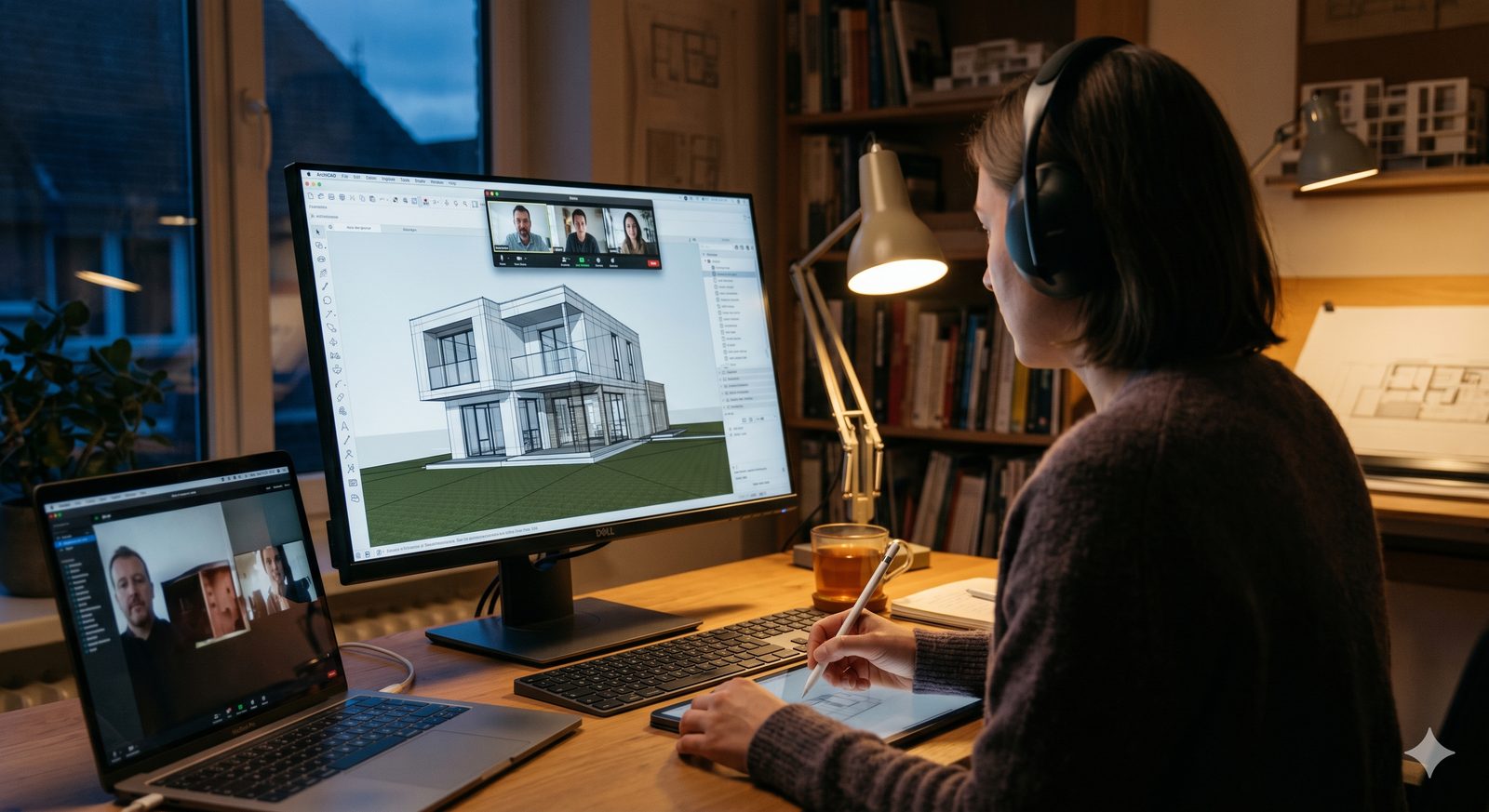 Over-shoulder view of a designer on a video call, sketching with a stylus while a 3D house model fills the monitor.