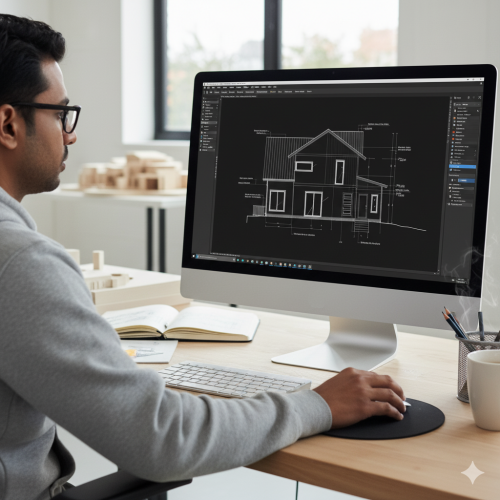 Designer at a monitor working on a detailed architectural elevation drawing of a house.