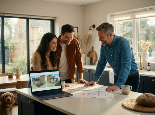 Couple reviewing house plans on a kitchen island with their Arkiplan designer, laptop showing 3D options alongside the printed drawings.