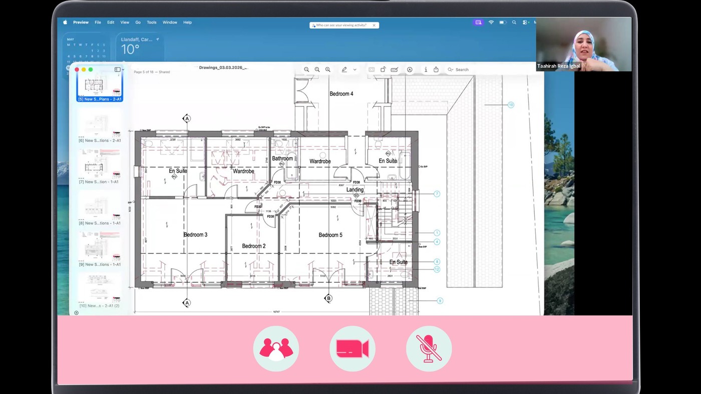 Arkiplan designer reviewing a client's proposed floor plans on a live video design call