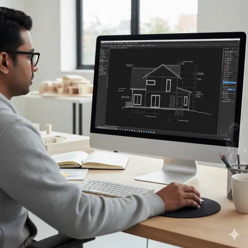 An Arkiplan designer working on a detailed elevation drawing in CAD software