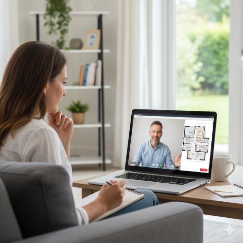 A homeowner on a video call with a designer, viewing floor-plan options on her laptop
