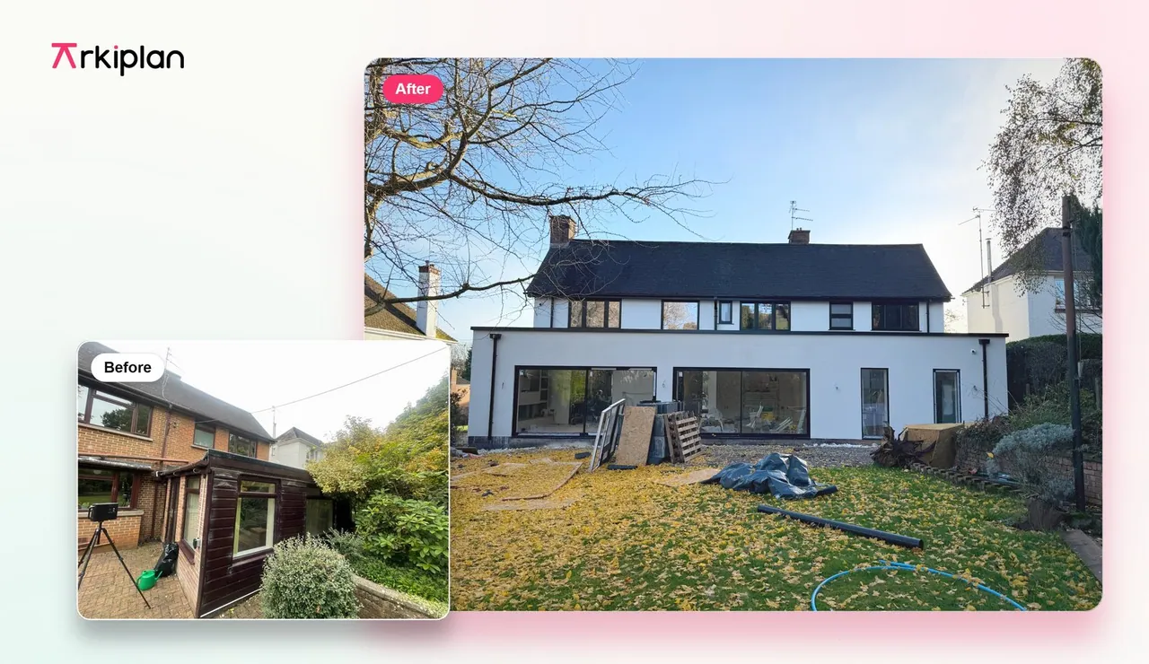 Before and after of a two-storey rear extension and remodel in Newport, Gwent