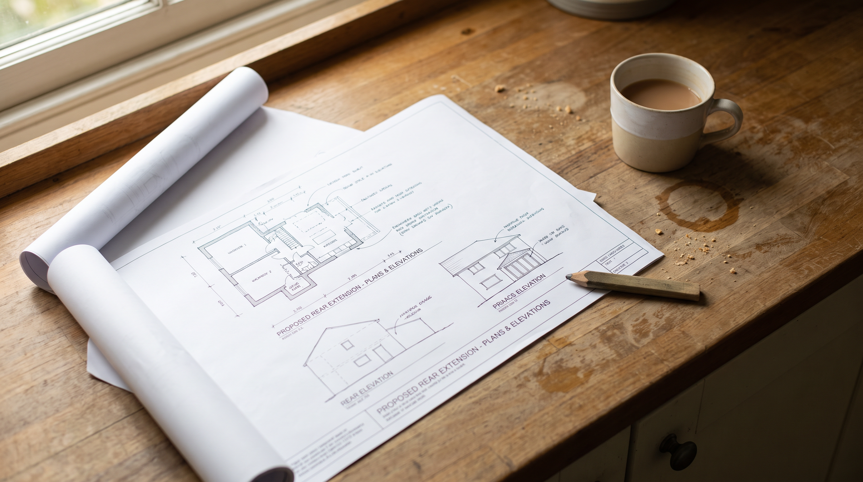 Rolled architectural drawings open on a kitchen worktop, showing proposed rear extension plans and elevations beside a pencil and a mug of tea.