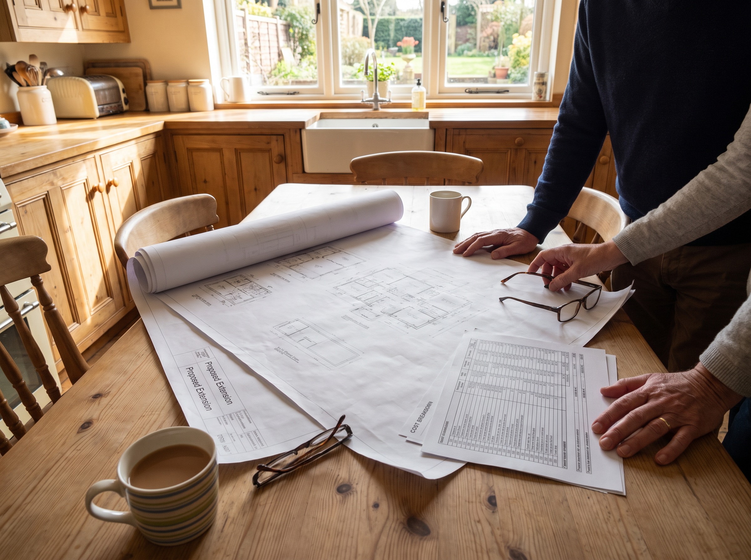 Homeowners reviewing architectural extension drawings and a build cost schedule spread across a kitchen table.