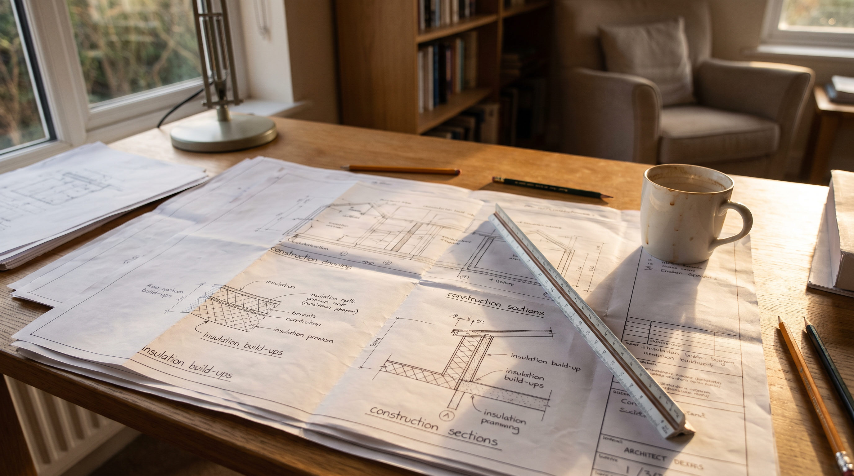 Building regulations drawing package for a house extension, with construction sections through the walls and roof, insulation build-ups and structural details annotated.