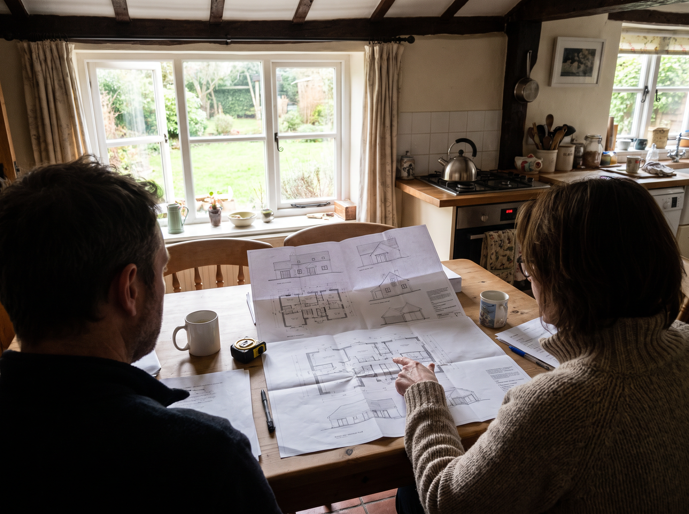 Diagram-style view of an extension against a house, illustrating the depth, height and boundary limits that decide whether planning permission is needed.