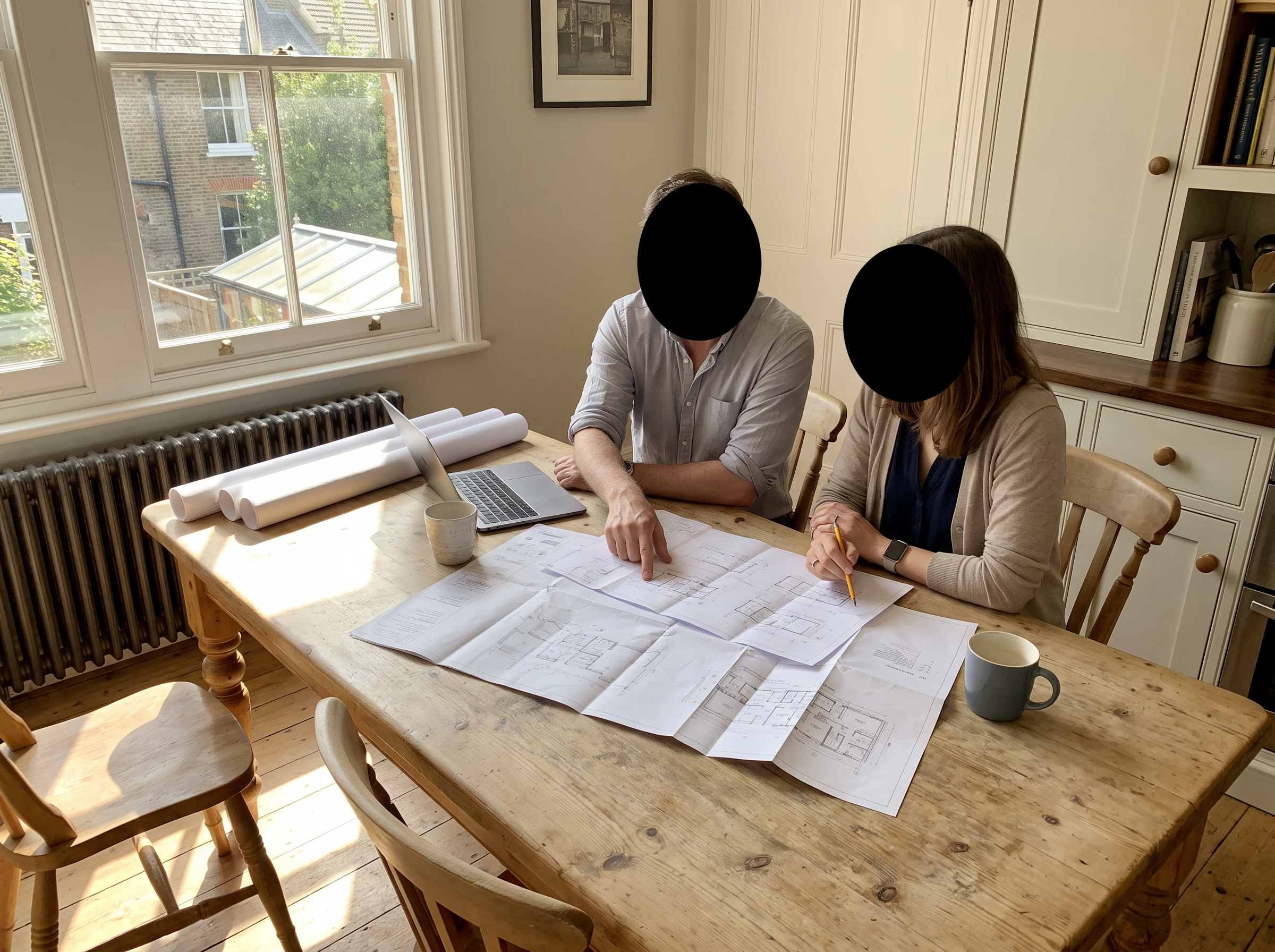 A complete set of architect plans for a house extension — floor plan, elevation and site plan — rolled out on a table beside a pencil and a mug of tea.