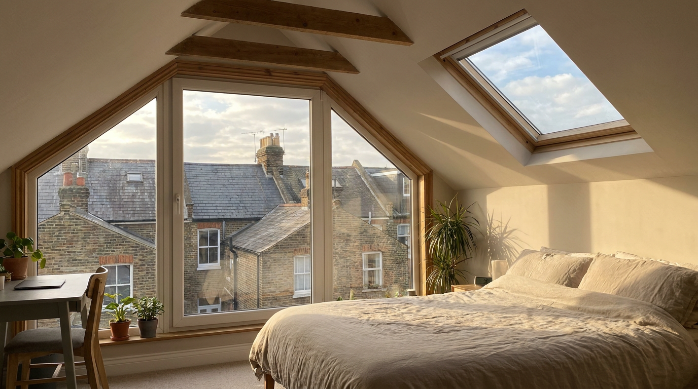 Bright loft conversion bedroom with a full-height glazed gable-end window and rooflight, exposed timber collar beams, and a view over terraced rooftops.