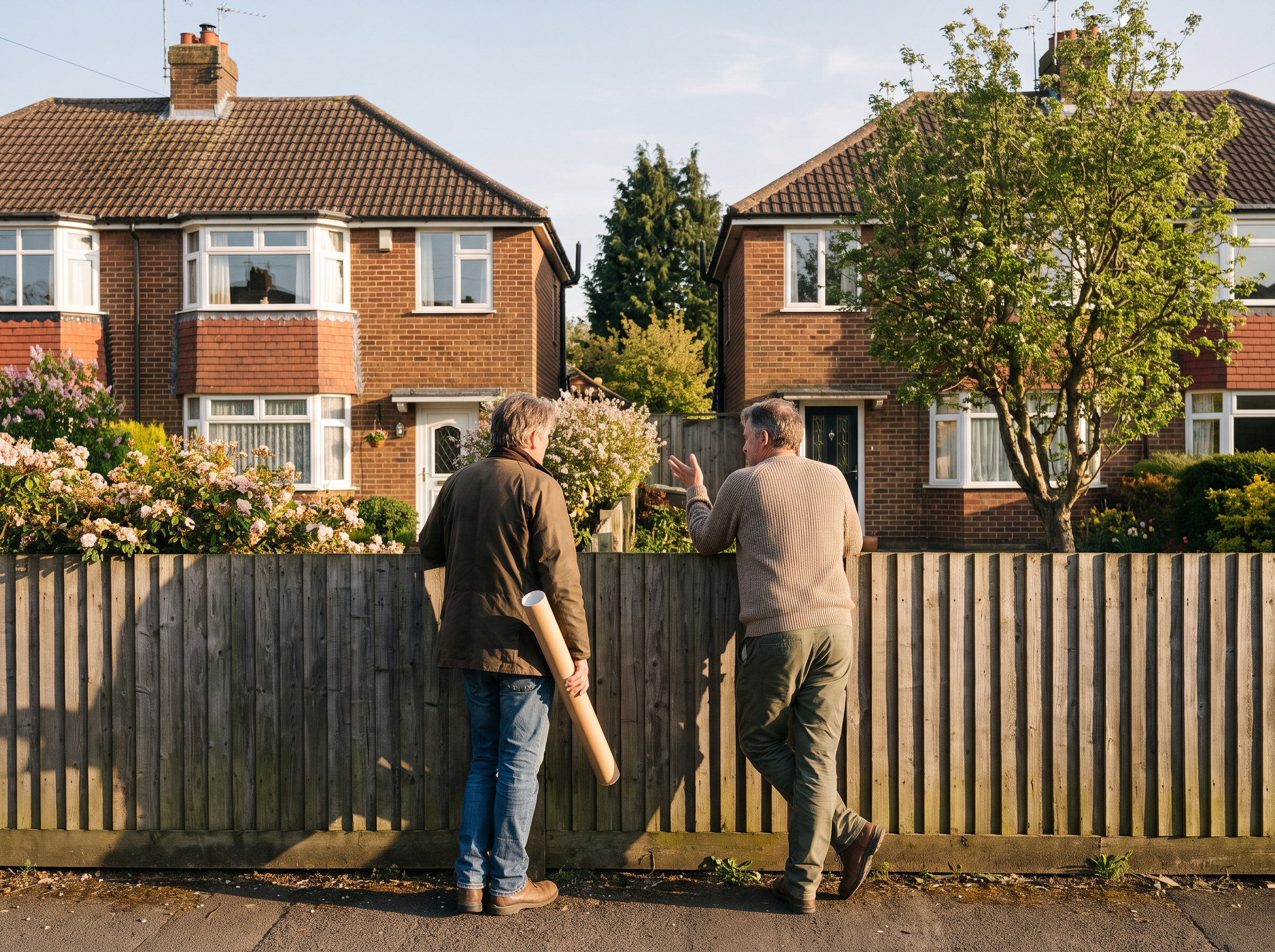 A shared party wall between two semi-detached houses, with a side-return extension being built up to the boundary line.