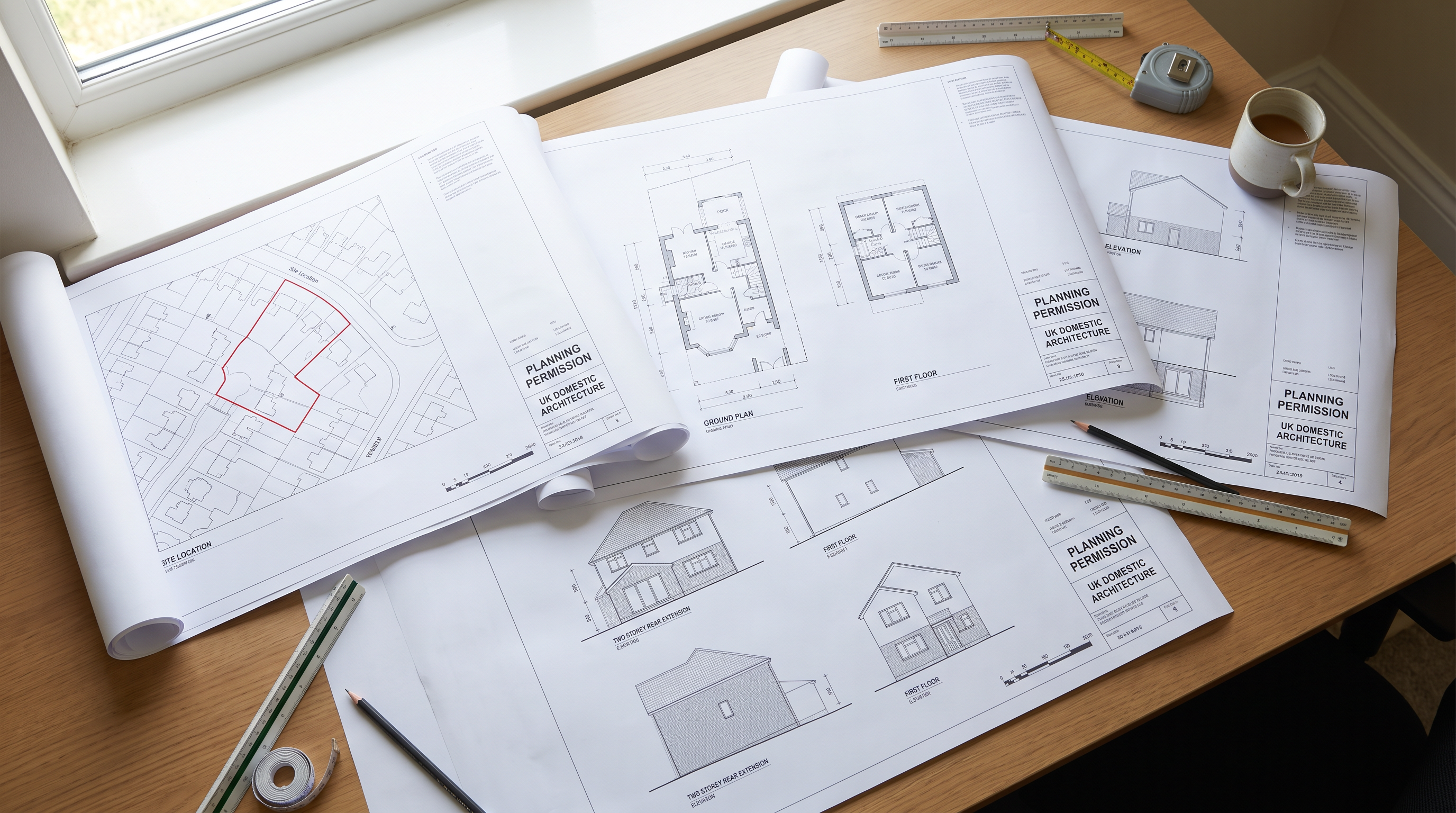 A scaled CAD planning permission drawing showing existing and proposed floor plans of a house, dimensioned and annotated ready for a council submission.