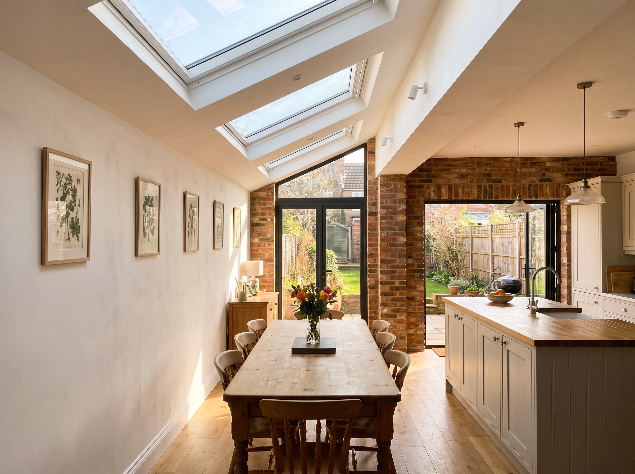 Inside a completed side extension used as a kitchen-diner, with a pitched roof of large roof windows, exposed brick, a long dining table and bifold doors opening to the garden.