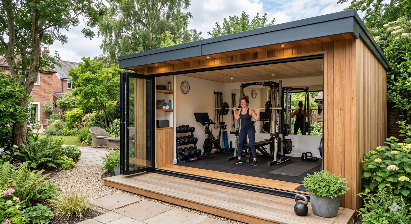 Cedar-clad garden gym with full-width bifold doors open to the patio, fitted out as a home gym with squat rack, dumbbells and rubber flooring.