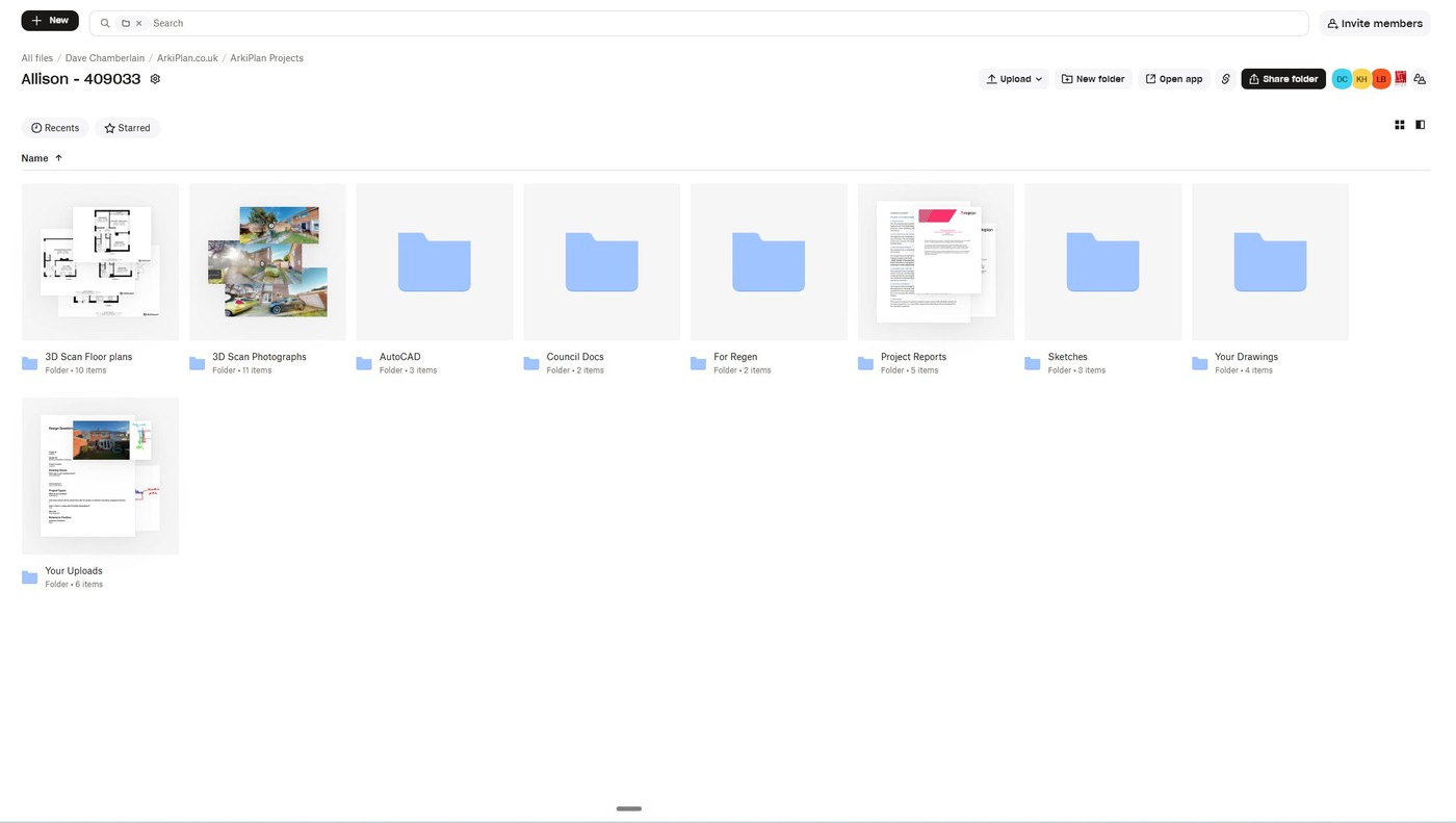 A shared project folder of drawings, scans, reports and approvals