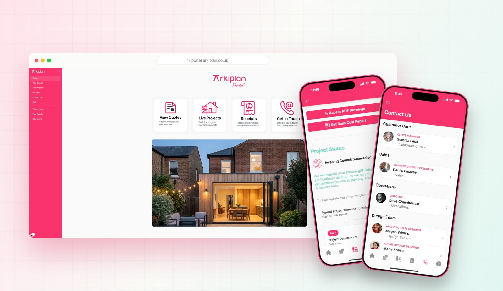 The Arkiplan client portal shown on desktop and mobile — quotes, live projects, receipts and contacts