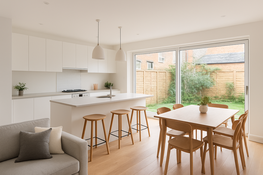 Kitchen, lounge, and dining in one