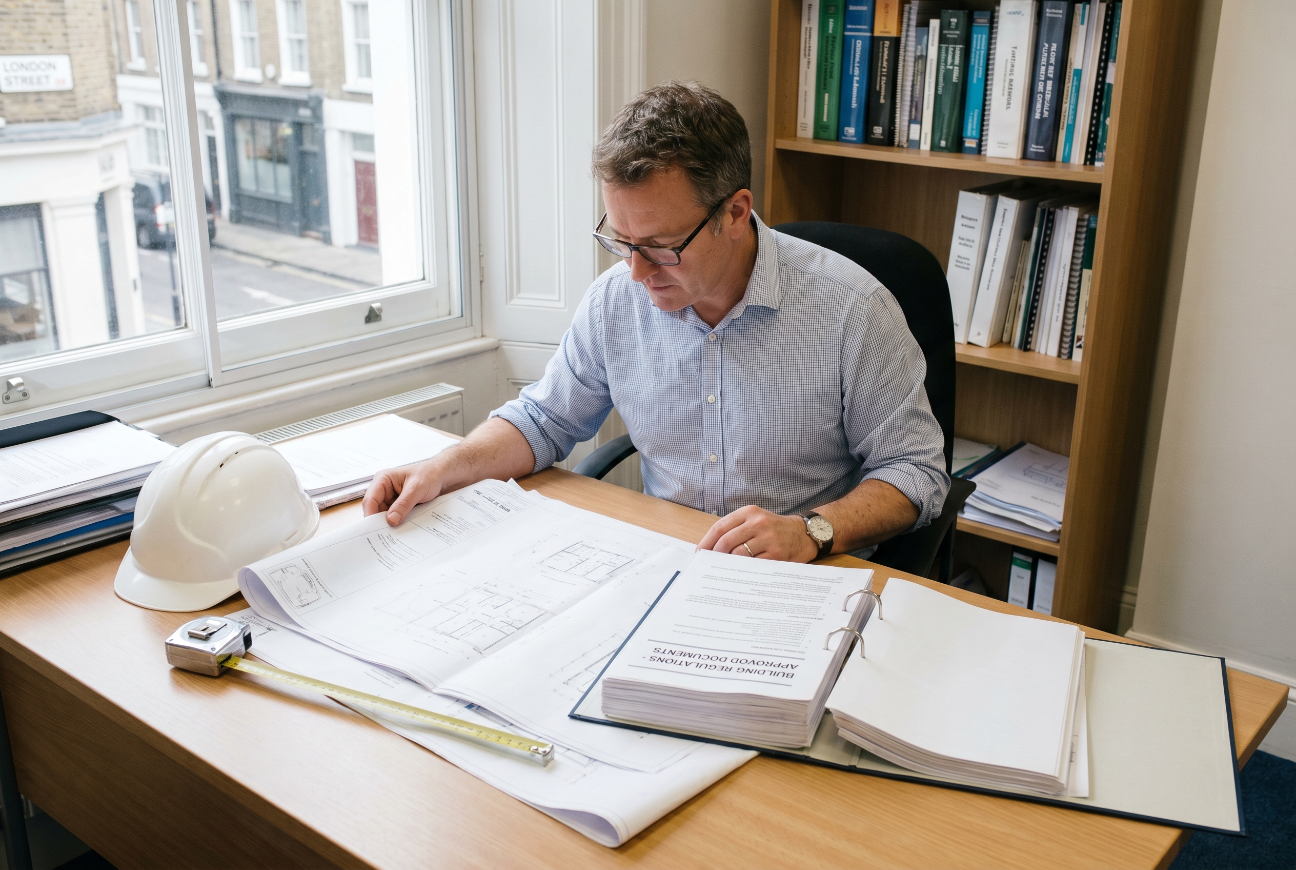 Architect reviewing building regulations drawings for a house extension