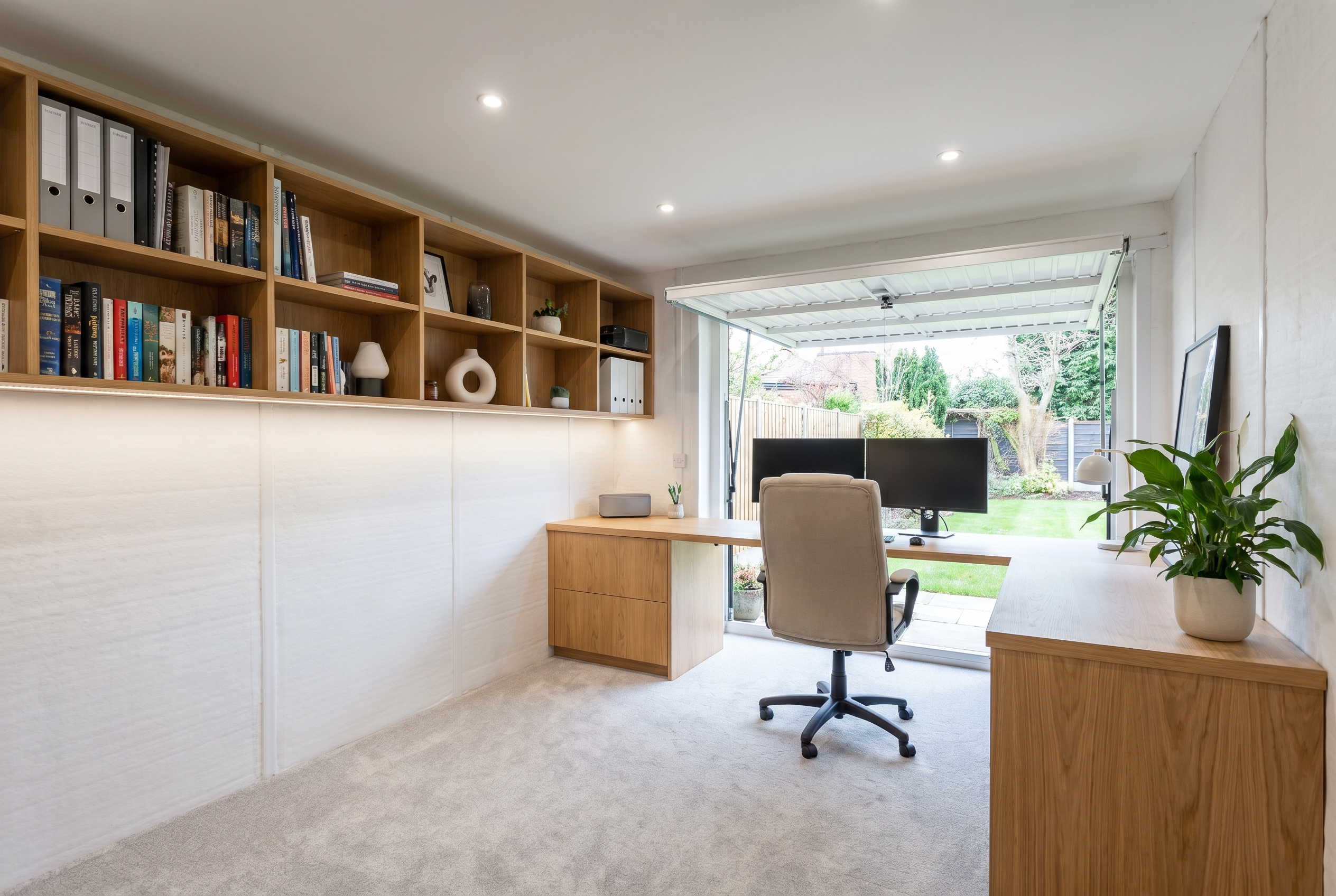Interior of a garage conversion showing a modern home office with built-in desk and good natural light