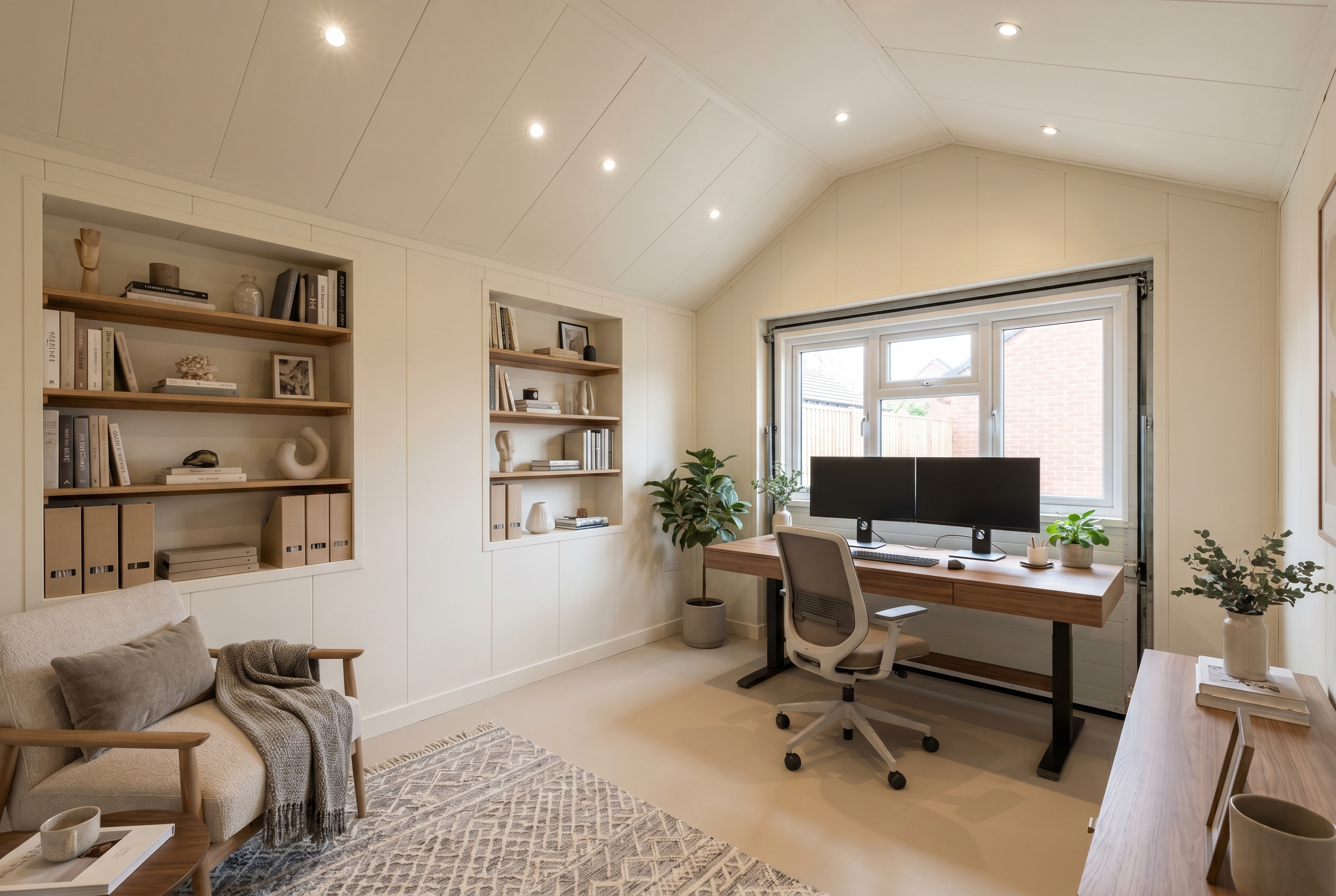 Garage conversion interior — converted to a modern home office with built-in shelving and spotlights