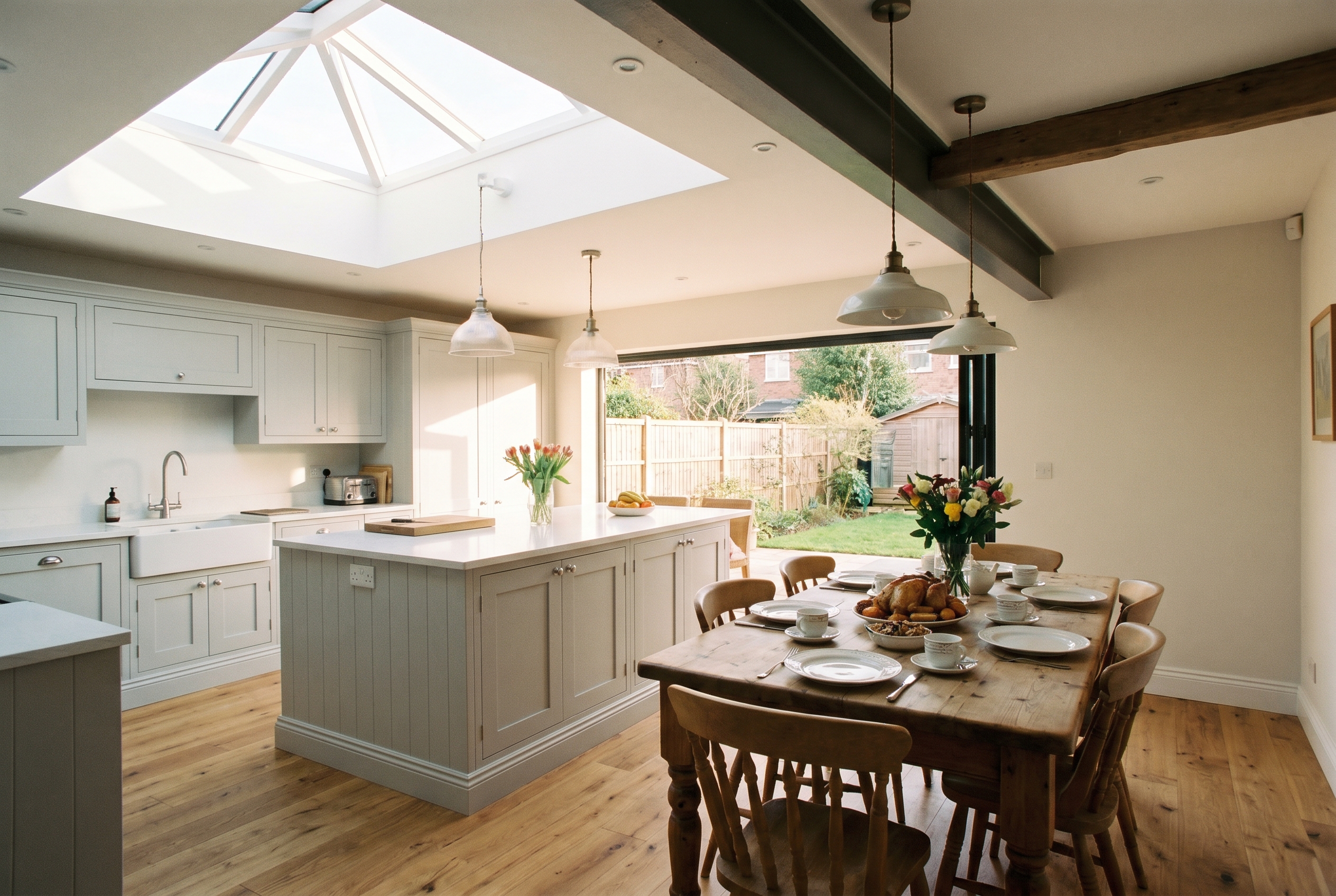 Open-plan kitchen extension interior with roof lantern skylight in a UK home
