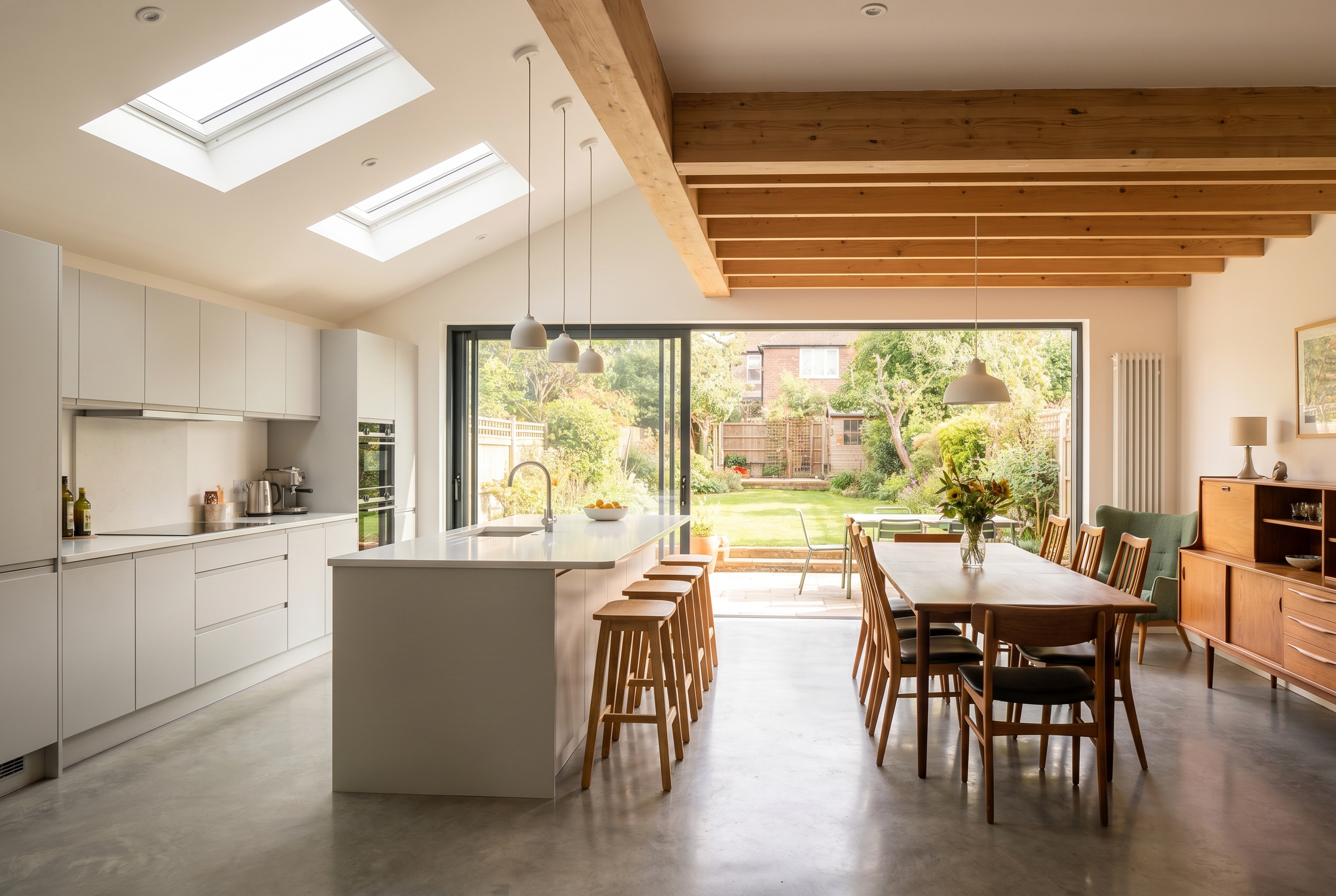 Open-plan kitchen diner interior of a semi-detached house extension with skylights and bi-fold doors — extension ideas for semi-detached houses
