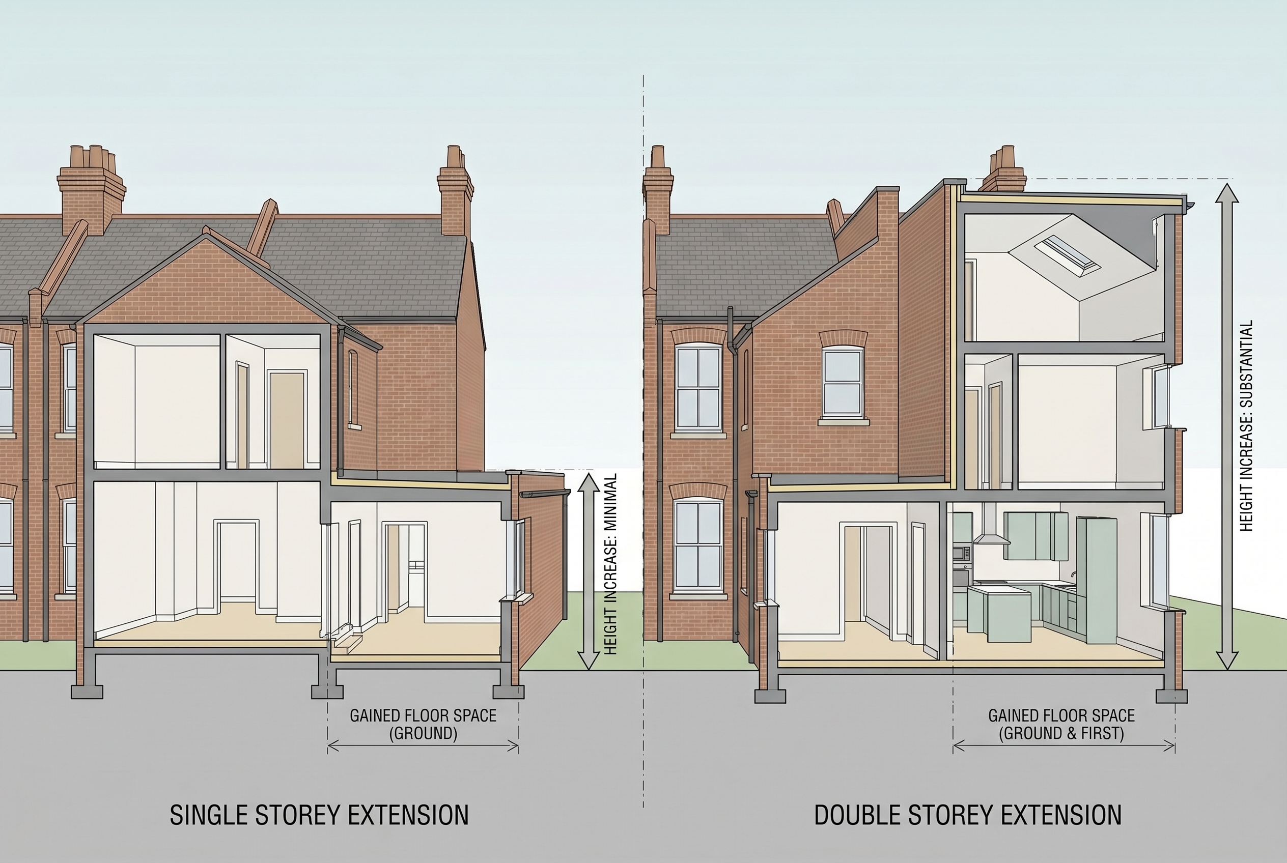 Comparison diagram showing single storey vs double storey extension options