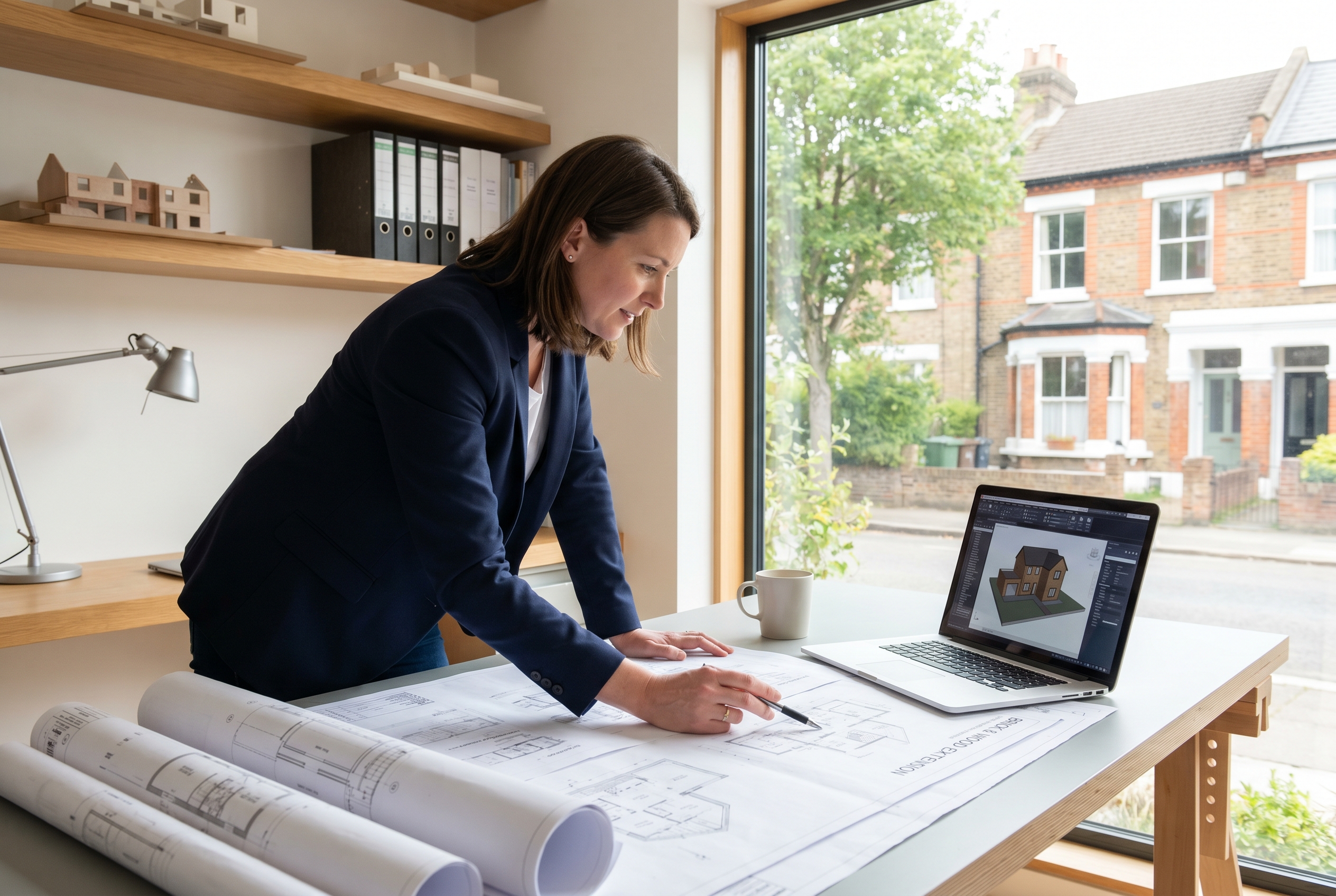 Architectural designer reviewing house extension drawings and plans