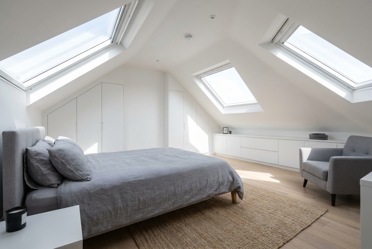 hip to gable loft conversion interior bedroom with Velux skylights