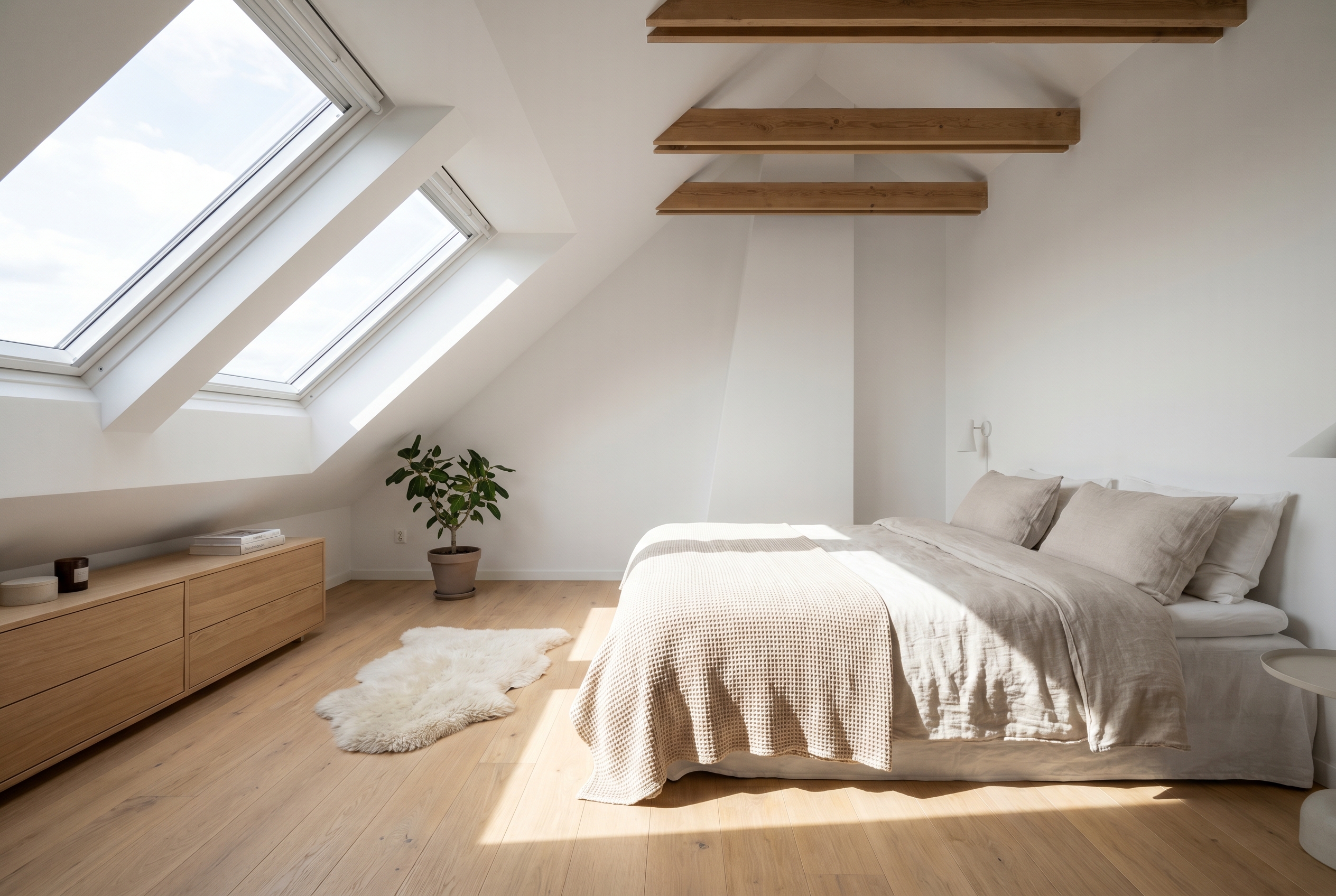 Hip to gable loft conversion interior bedroom with Velux windows