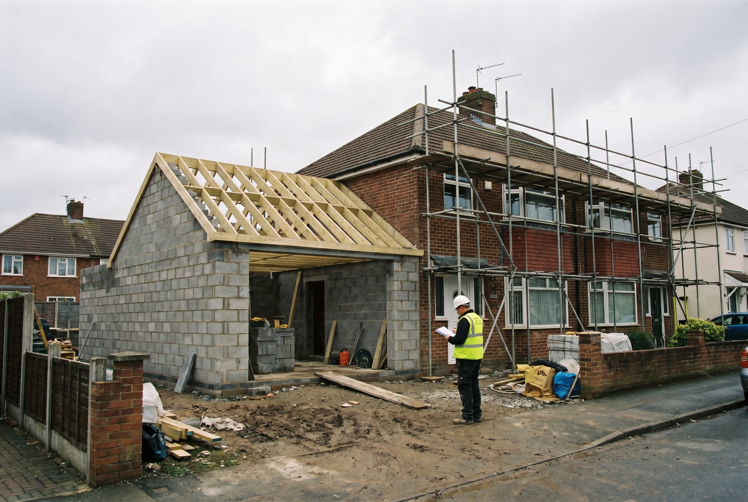 house extension timeline – extension under construction with builder reviewing plans