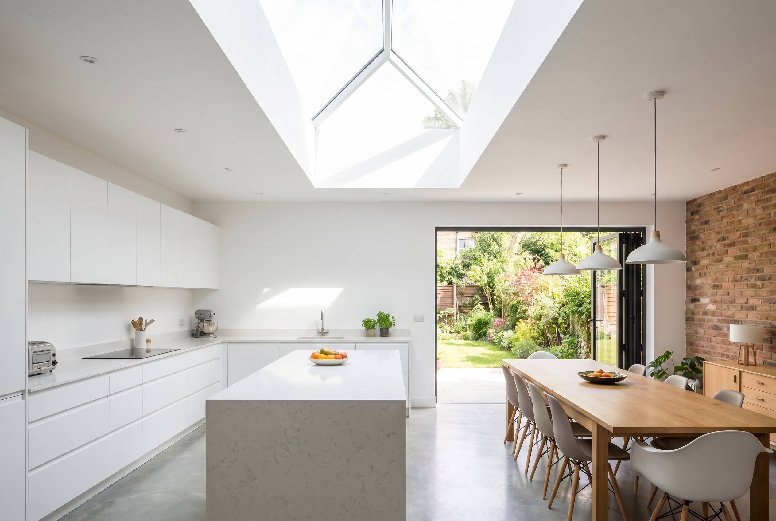Interior of a side return extension open-plan kitchen diner with roof lantern