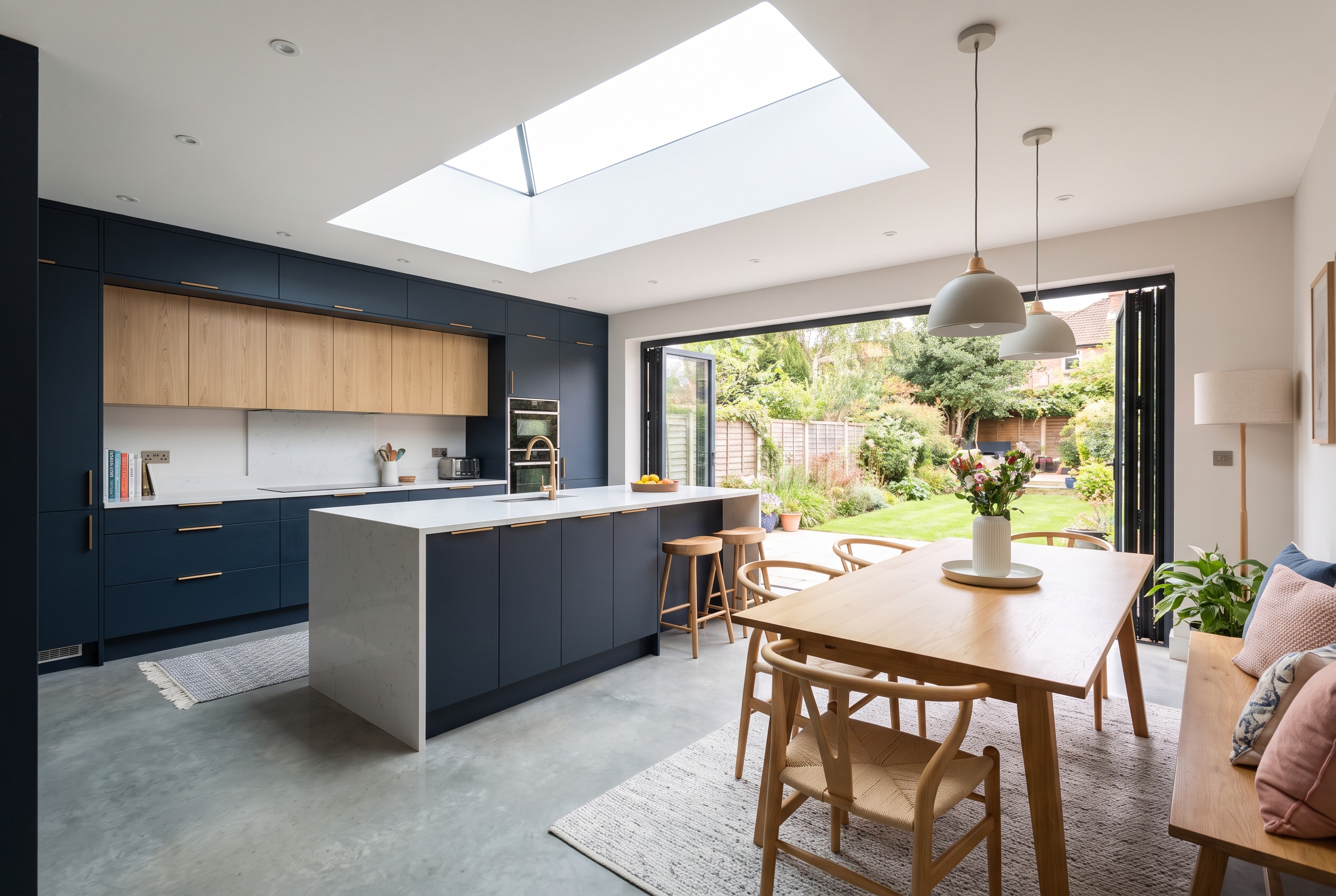 Two storey extension cost UK - open plan kitchen diner interior