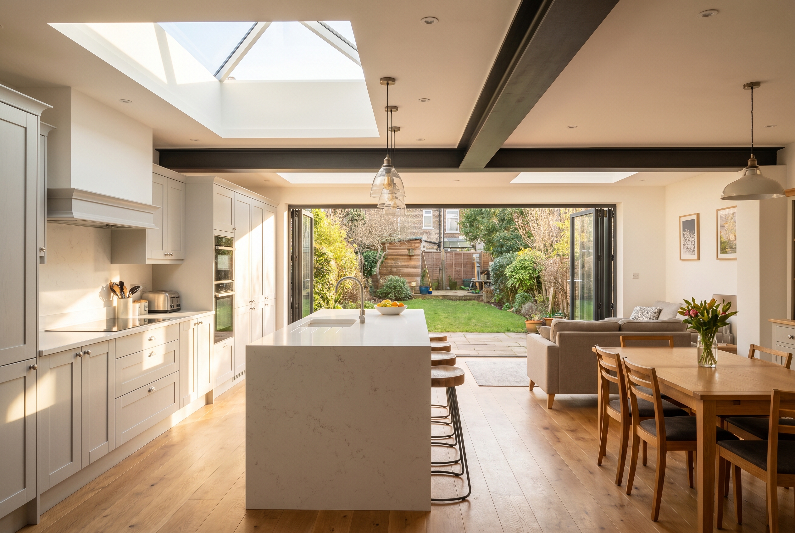 wrap around extension open plan kitchen diner with roof lantern and bi-fold doors
