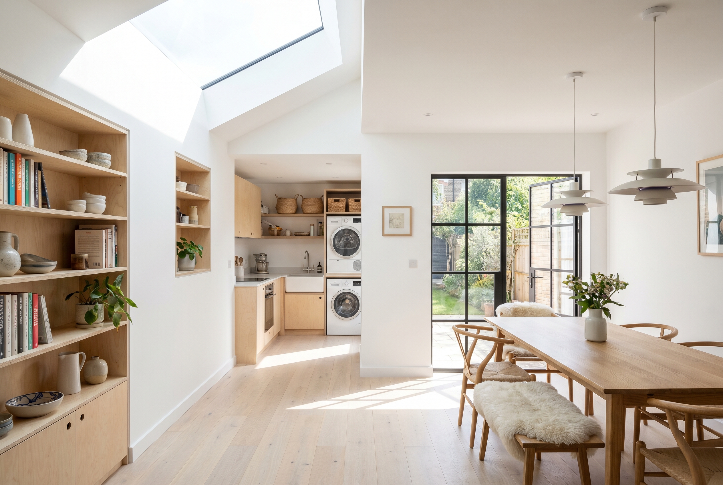 Interior of a wrap around extension with vaulted ceiling and rooflight