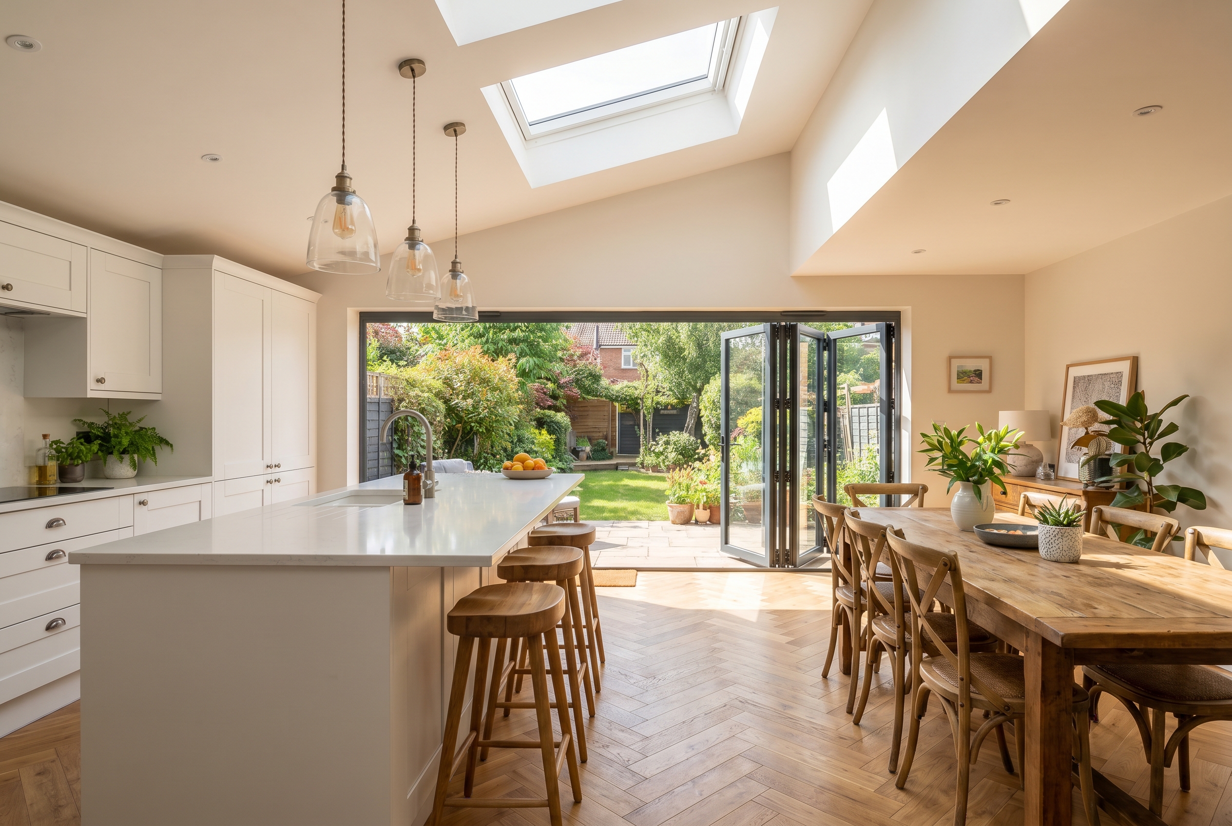 Wrap around extension open-plan kitchen diner with bifold doors and skylight